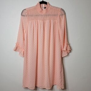 Peachy Pink Swiss Dot Dress with High Smocked Collar